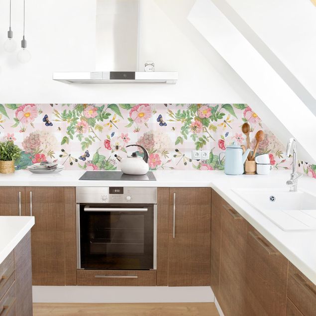Küchenrückwand Muster Schmetterlinge mit rosa Blumen