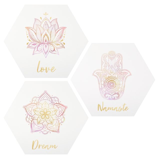 Hexagon Bild Alu-Dibond 3-teilig - Mandala Namaste Lotus Set Gold Rosa
