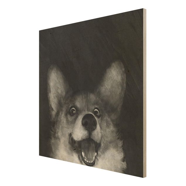 Holzbild - Illustration Hund Corgi Malerei Schwarz Weiß - Quadrat 1:1