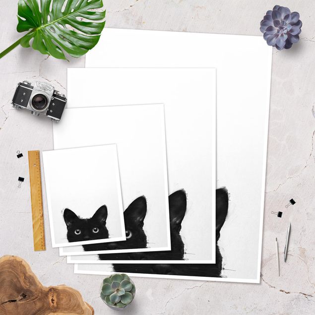 Poster - Illustration Schwarze Katze auf Weiß Malerei - Hochformat 4:3