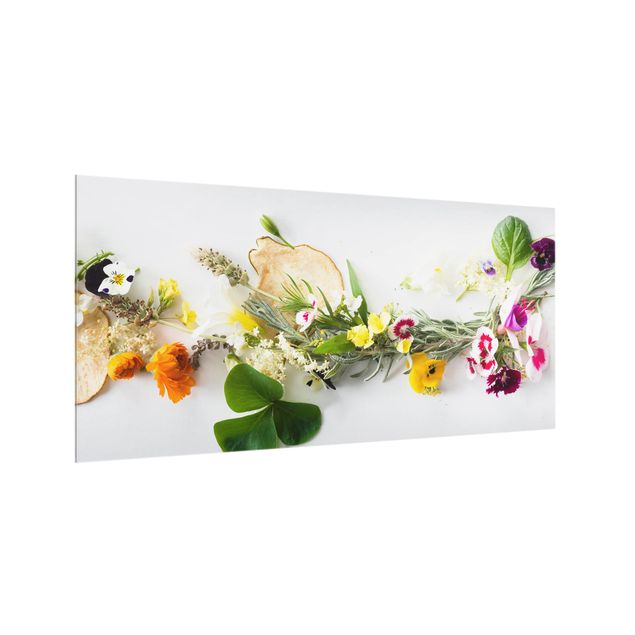 Küchenrückwand Glas Motiv Kräuter Frische Kräuter mit Essblüten