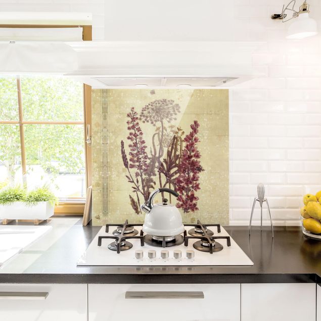 Küchenrückwand Glas Motiv Blumen Vintage Leinenoptik Blumen