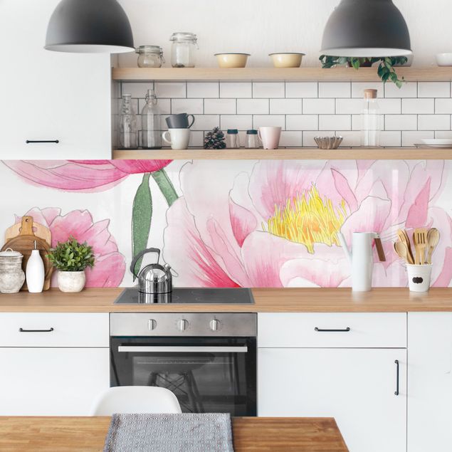 Küchenrückwand Glas Motiv Blumen Zeichnung Rosa Päonien I