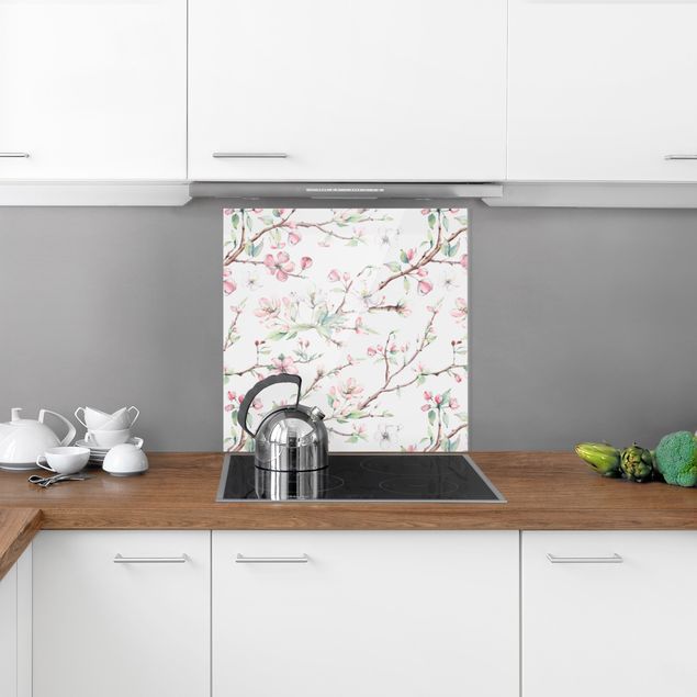 Küchenrückwand Glas Motiv Blumen Aquarell Zweige von Apfelblüten in Rosa und Weiß