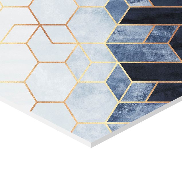 Hexagon Bild Forex 3-teilig - Elisabeth Fredriksson - Blau Weiß goldene Sechsecke Set