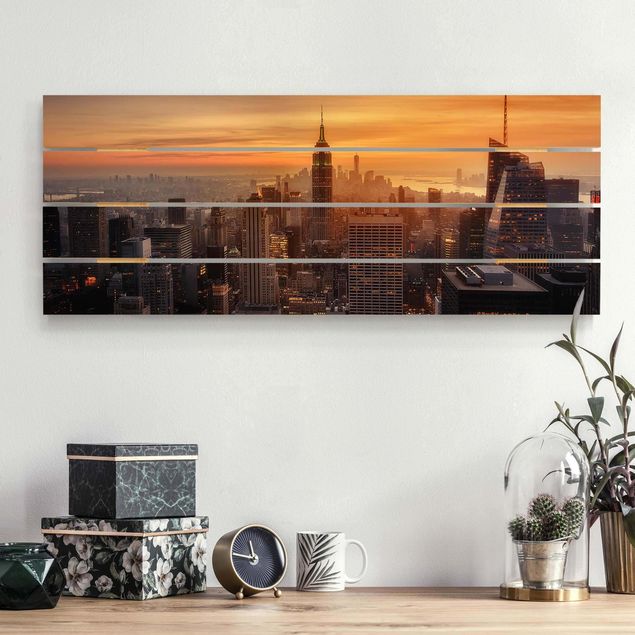 Moderne Holzbilder Manhattan Skyline Abendstimmung