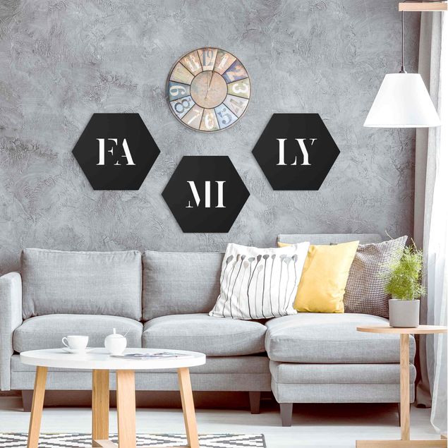 Hexagon Bild Alu-Dibond 3-teilig - Buchstaben FAMILY Weiß Set I
