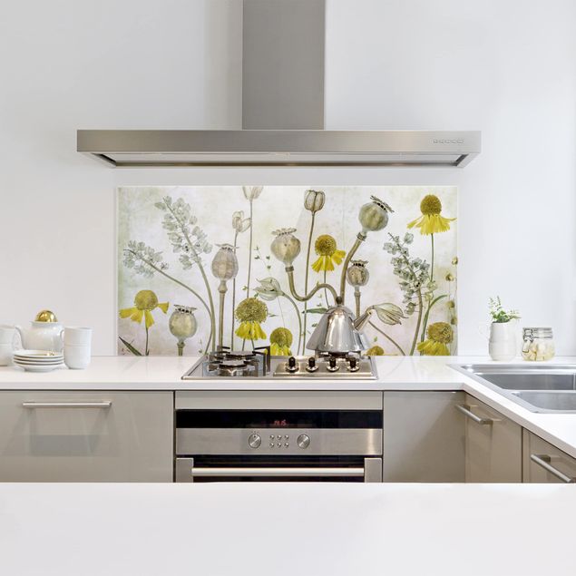 Küchenrückwand Glas Blumen Mohn und Helenium