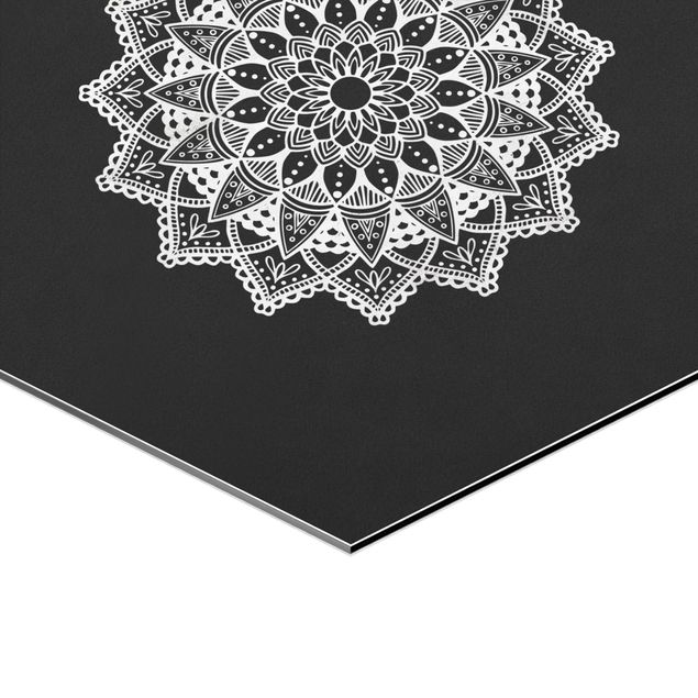 Hexagon Bild Alu-Dibond 3-teilig - Mandala Hamsa Hand Lotus Set auf Schwarz