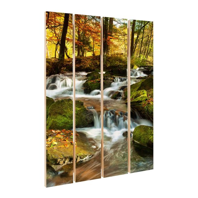 Holzbild - Wasserfall herbstlicher Wald - Hochformat 3:2