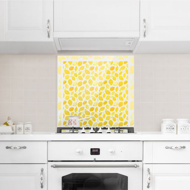 Glasrückwand Küche Muster Aquarell Zitronen mit Blättern und Rahmen