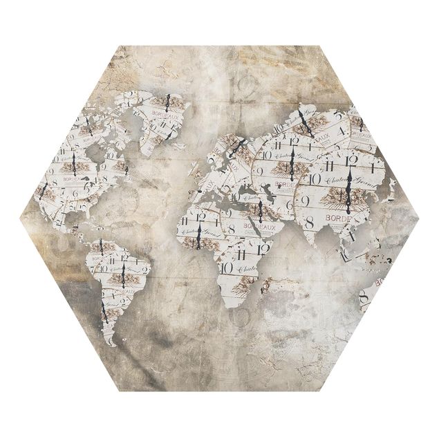 Hexagon Bild Alu-Dibond - Shabby Uhren Weltkarte
