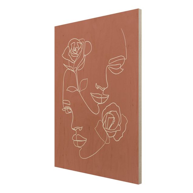 Holzbild - Line Art Gesichter Frauen Rosen Kupfer - Hochformat 4:3