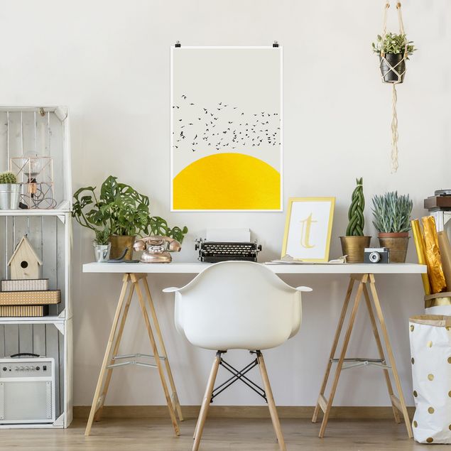 Kunstkopie Poster Vogelschwarm vor gelber Sonne