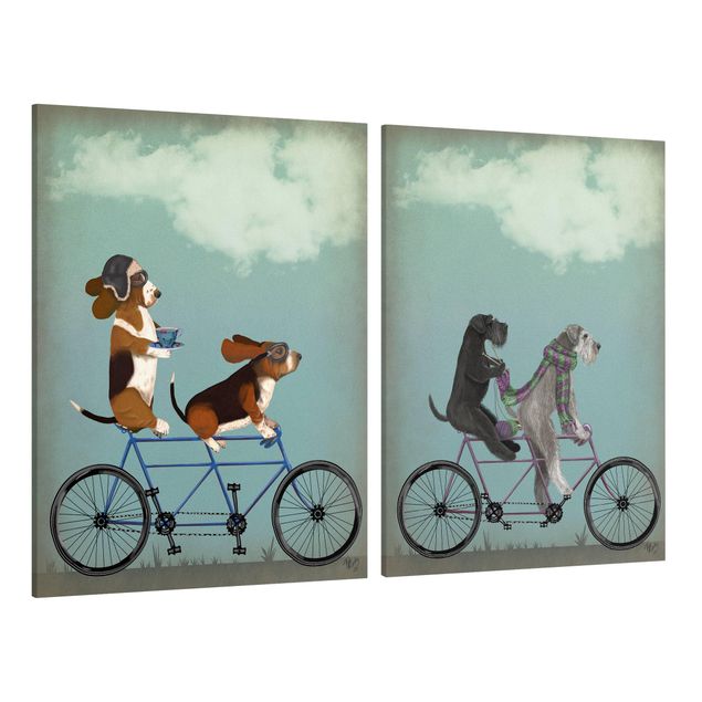 Kunstdrucke auf Leinwand Radtour - Bassets und Schnauzer Tandem Set II