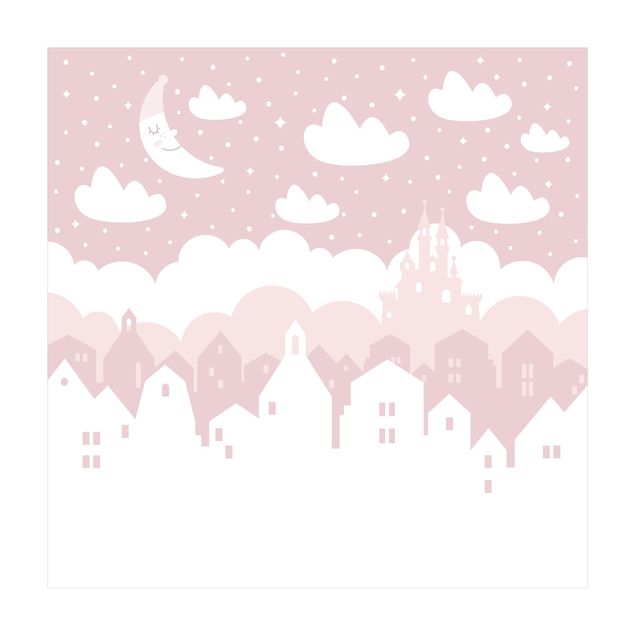 Teppich rosa Sternenhimmel mit Häusern und Mond in rosa
