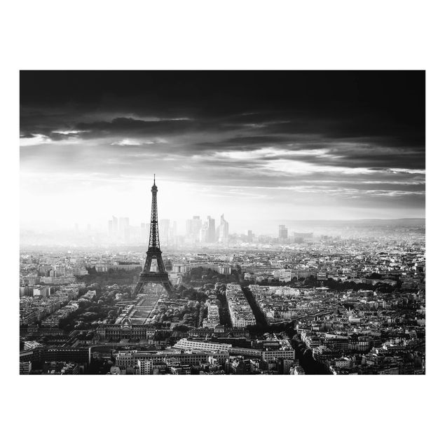 Glas Spritzschutz - Der Eiffelturm von Oben schwarz-weiß - Querformat - 4:3