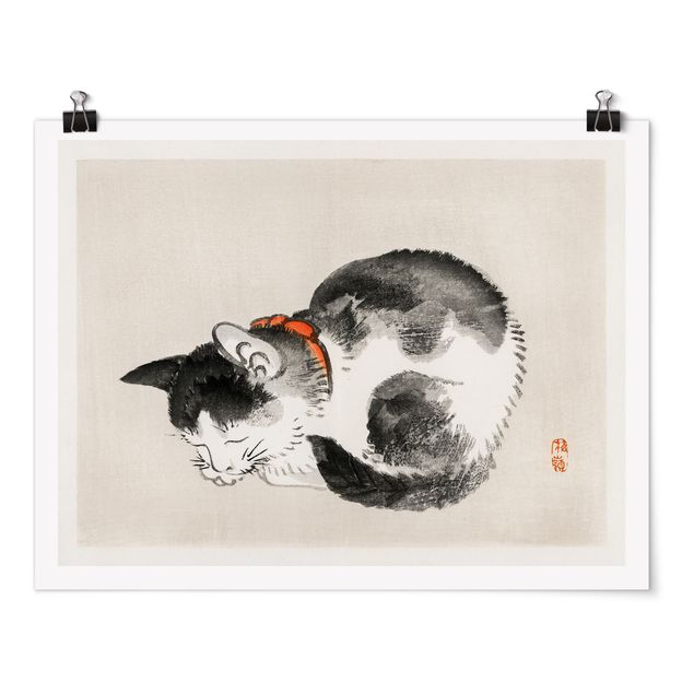 Tierposter Asiatische Vintage Zeichnung Schlafende Katze