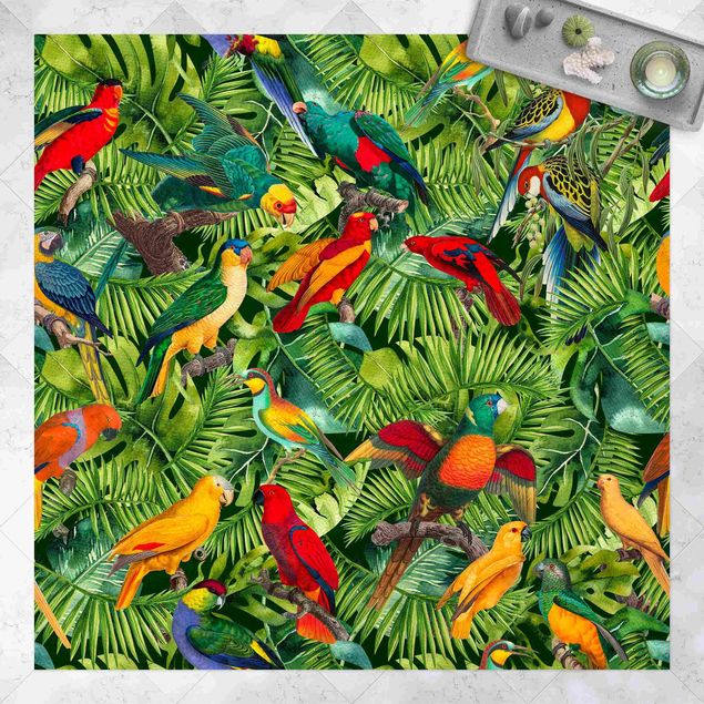 outdoor-teppich wetterfest Bunte Collage - Papageien im Dschungel