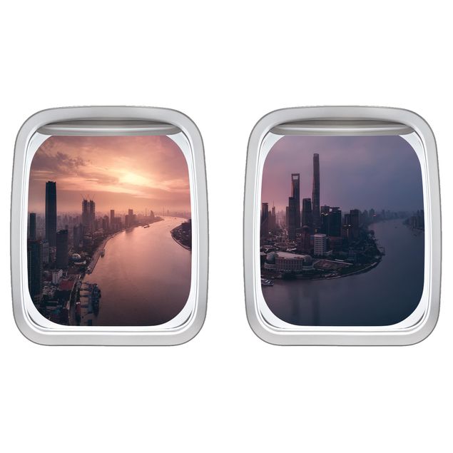 Wandaufkleber Doppelfenster Flugzeug Sonnenaufgang in Shanghai