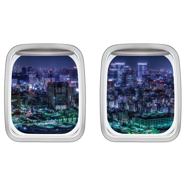 Wandtattoo Doppelfenster Flugzeug Tokio bei Nacht