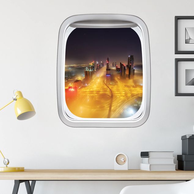 3D Wandsticker Fenster Flugzeug Dubai bei Nacht im Nebel