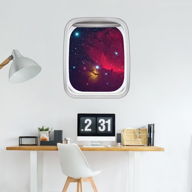 3D Wandsticker Fenster Flugzeug Farbenfrohe Galaxie