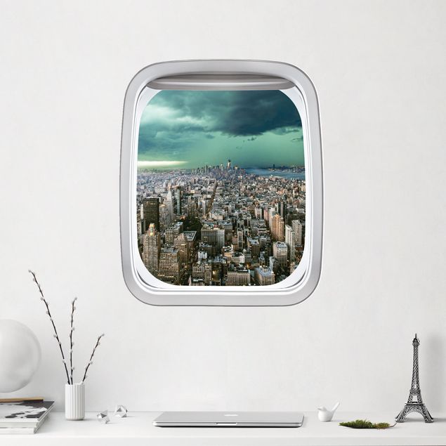 Wandtattoo 3D Fenster Flugzeug Skyline New York im Gewitter