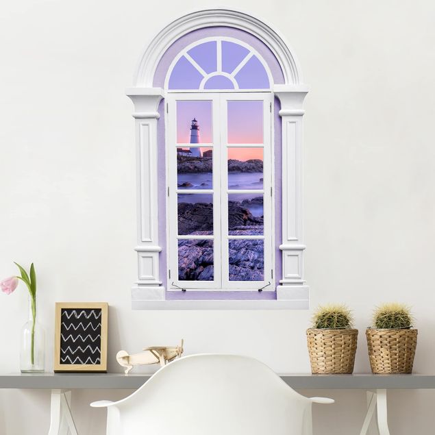 Wandtattoo 3D Fenster Mediterran Leuchtturm am Morgen