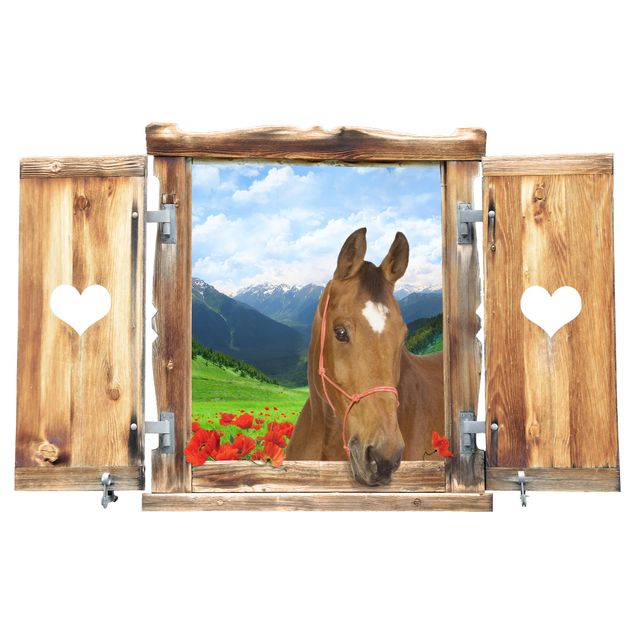 Wandtattoo Blumen Fenster mit Herz und Pferd Alpenwiese