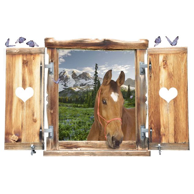 3D Wandtattoo - Fenster mit Herz und Pferd Bergblick Wiesenpfad