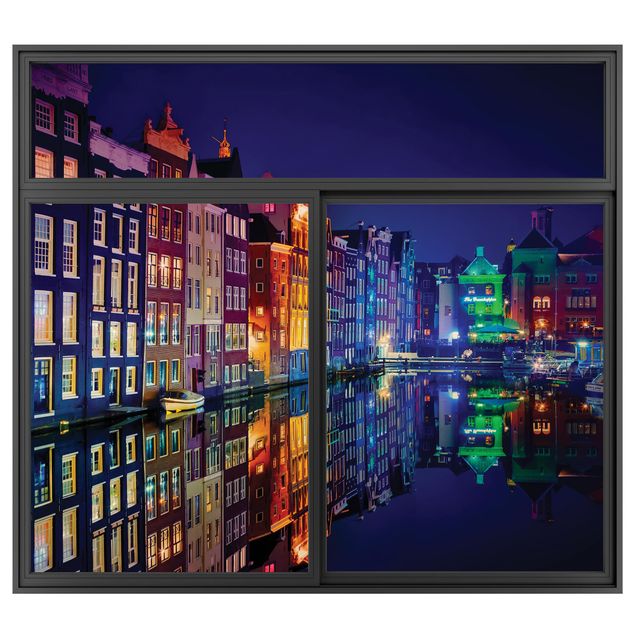 Wandtattoo Fenster Schwarz Amsterdam bei Nacht