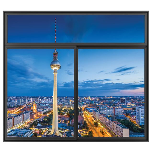 Wandtattoo Skyline Fenster Schwarz Berlin Skyline bei Nacht mit Fernsehturm