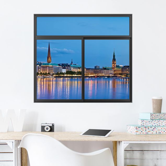 Deutschland Wandtattoo Fenster Schwarz Hamburg Skyline