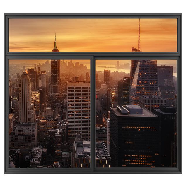 Wandtattoo Fenster Schwarz Manhattan Skyline Abendstimmung