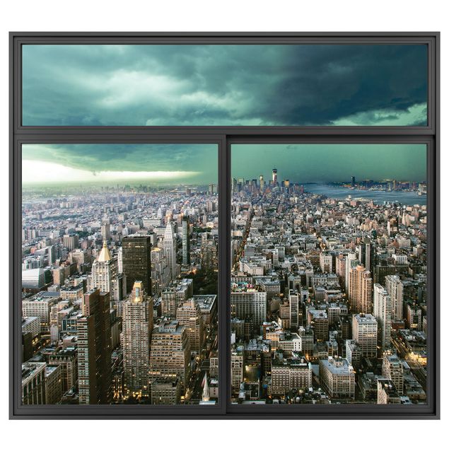 Wandaufkleber Fenster Schwarz Skyline New York im Gewitter
