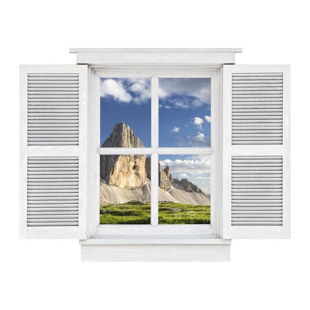 Wandaufkleber Flügelfenster Südtiroler Zinnen und Wasserspiegelung