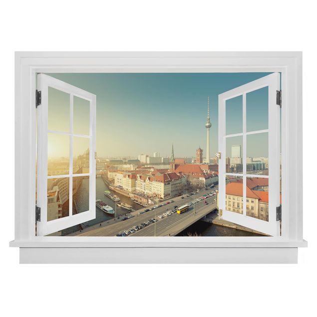 Skyline Wandtattoo Offenes Fenster Berlin am Morgen