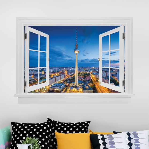 Deutschland Wandtattoo Offenes Fenster Berlin Skyline bei Nacht mit Fernsehturm