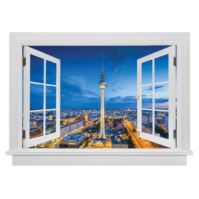 Wandtattoo Städte Offenes Fenster Berlin Skyline bei Nacht mit Fernsehturm