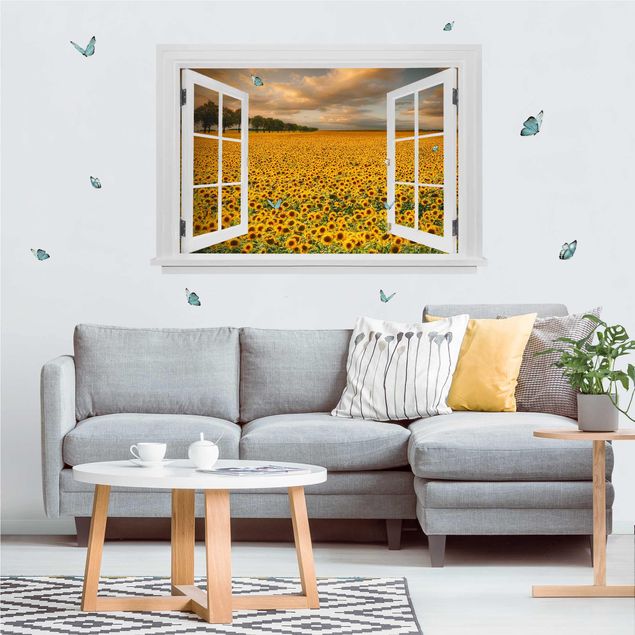 Deutschland Wandtattoo Offenes Fenster Feld mit Sonnenblumen