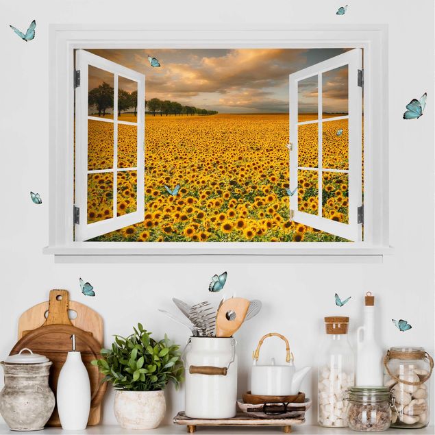Wandsticker Floral Offenes Fenster Feld mit Sonnenblumen