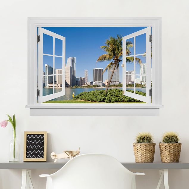 3D Wandtattoo Offenes Fenster Miami Beach Skyline