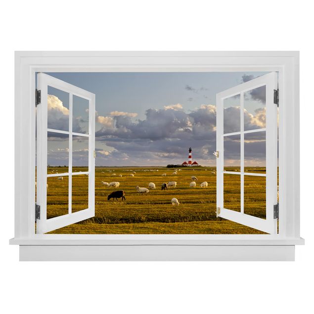 Wandtattoo Offenes Fenster Nordsee Leuchtturm mit Schafsherde