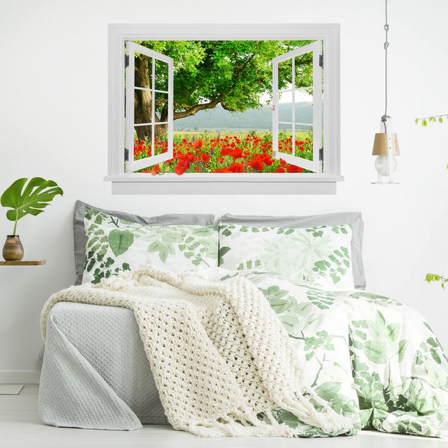 3D Wandtattoo - Offenes Fenster Sommerwiese mit Blumenkasten