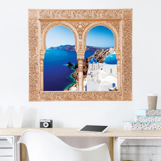 Wandaufkleber Stein Verziertes Fenster View Over Santorini