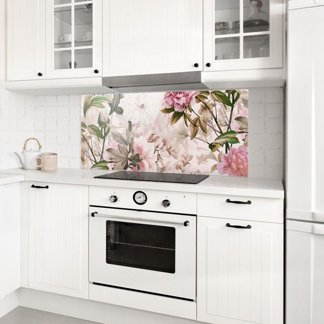 Glasrückwand Küche Blumen Illustrierte Pfingstrosen in Rosa