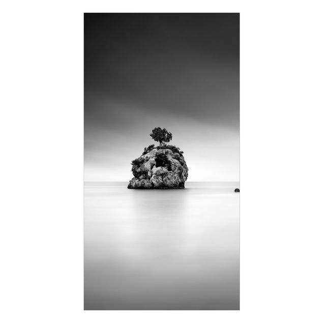 Duschrückwand - Felseninsel im Meer Schwarz-weiß