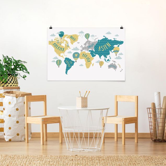 Weltkarte Poster Weltkarte mit Heißluftballon