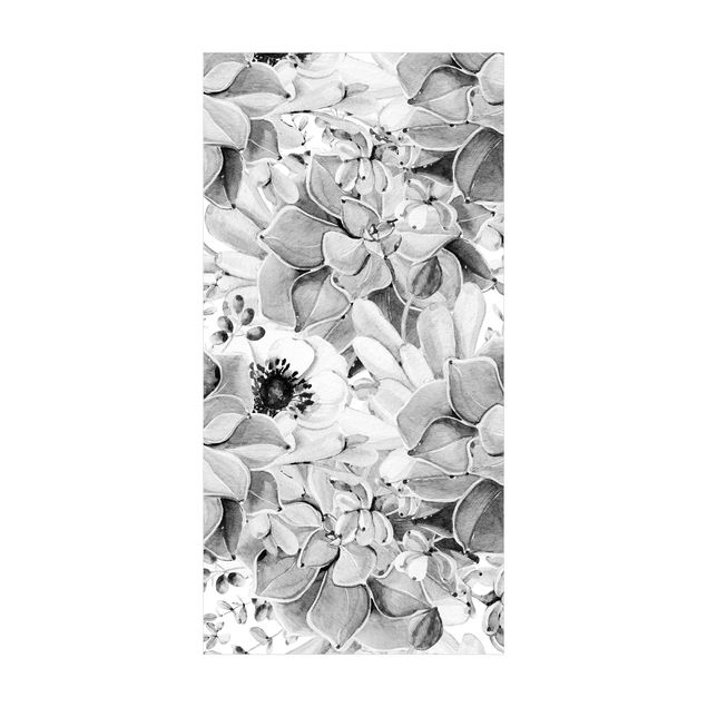 Teppich Blumen Aquarell Sukkulente mit Blüte in Schwarz Weiß